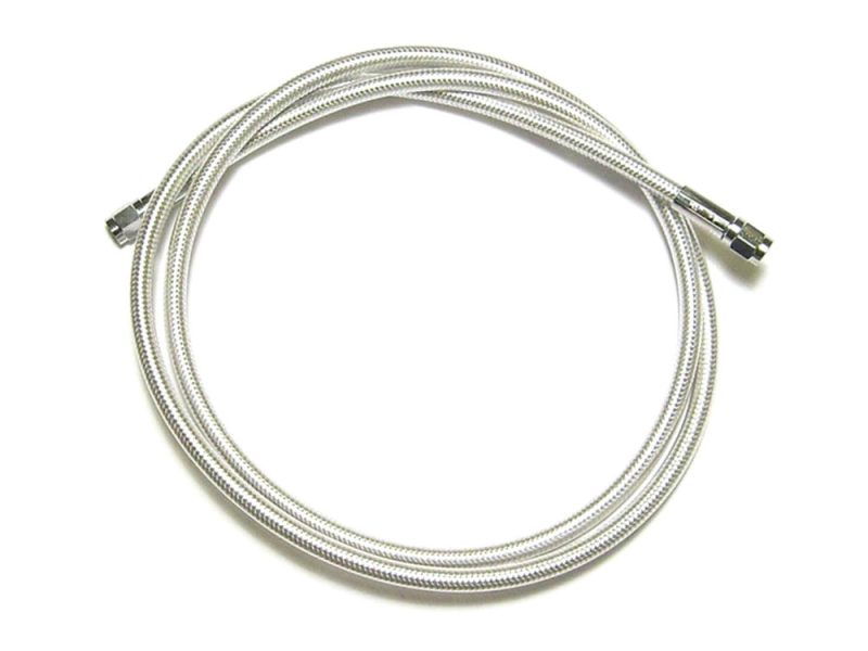 19in. Universal Brake Line - Sterling Chromite. Flexible stainless steel braided motorcycle brake hose for Revelry Motorcycles, durable and reliable.