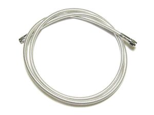 Shiny stainless steel braided motorcycle brake hose for Revelry Motorcycles.