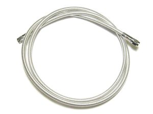 Chrome motorcycle brake line, high-performance part for Revelry Motorcycles.