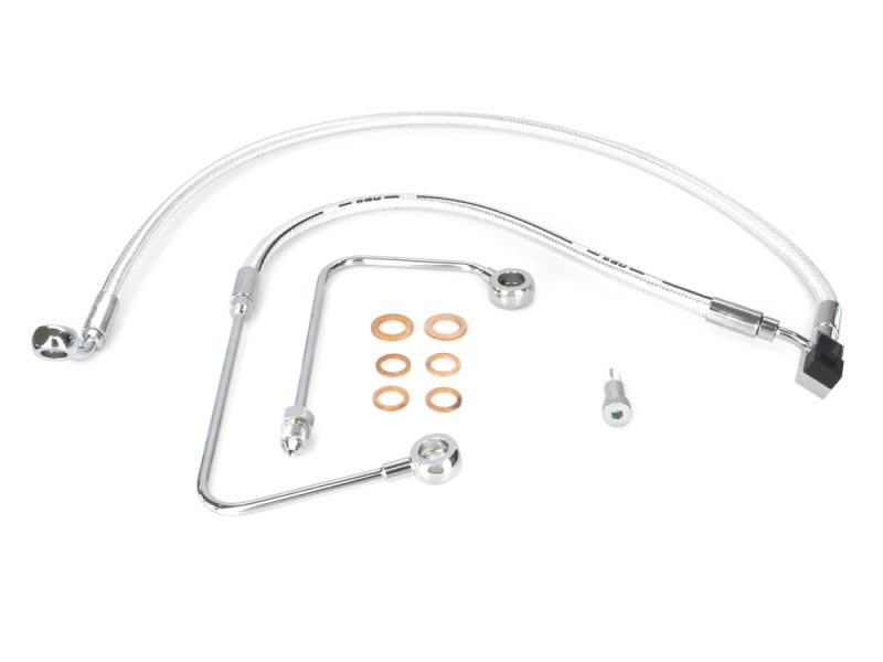 +2in. Over Length Lower Front Brake Line - Sterling Chromite. Fits FXST Softail 2011-2015 & Rocker 2011 High-performance motorcycle brake lines and fittings for Harley Davidson bikes.