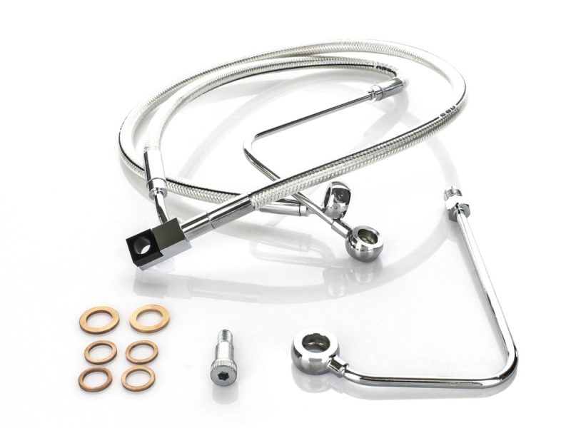 Sleek chrome motorcycle brake cable and hydraulic line components on white background.