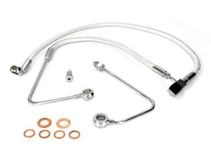 High-performance motorcycle brake line kit with braided steel hoses for Revelry Motorcycles.