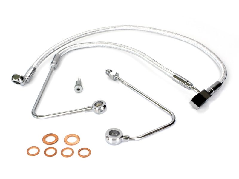 High-performance motorcycle brake line kit with braided steel hoses for Revelry Motorcycles.