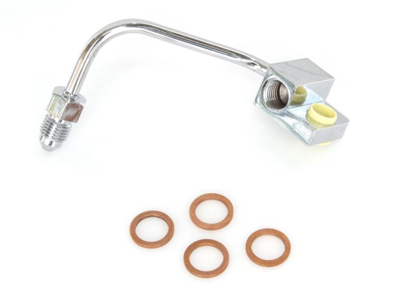 High-performance motorcycle carburetor fitting with copper washers for Revelry Motorcycles.