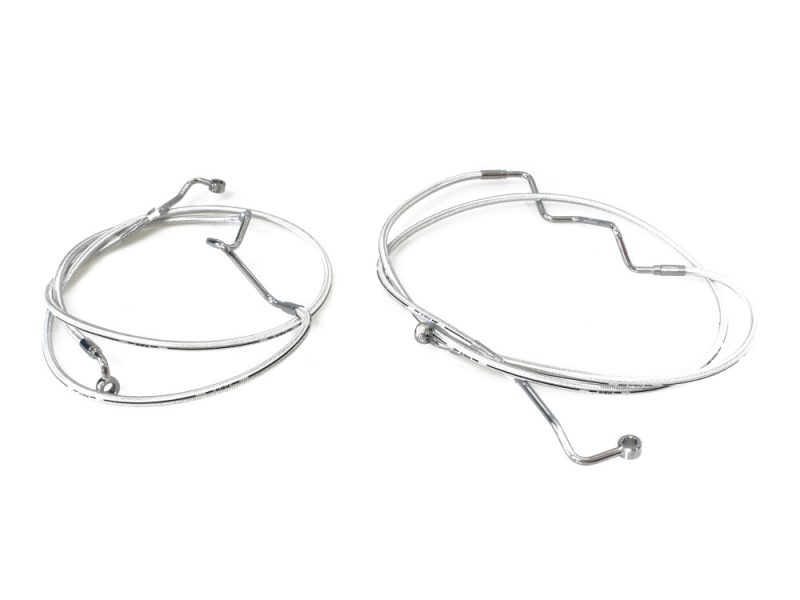 +4in. Over Length Lower Front Brake Line - Sterling Chromite. Fits Touring 2014-2023 Shiny chrome motorcycle brake lines for Revelry Motorcycles.