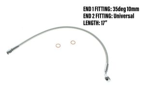 Flexible motorcycle brake line with universal fittings, 17 inches long, ideal for Revelry Motorcycles.