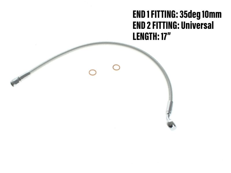 17in. Upper Front Brake Line with 10mm x 35 Degree Banjo & Sterling Chromite Finish. Flexible motorcycle brake line with universal fittings, 17 inches long, ideal for Revelry Motorcycles.