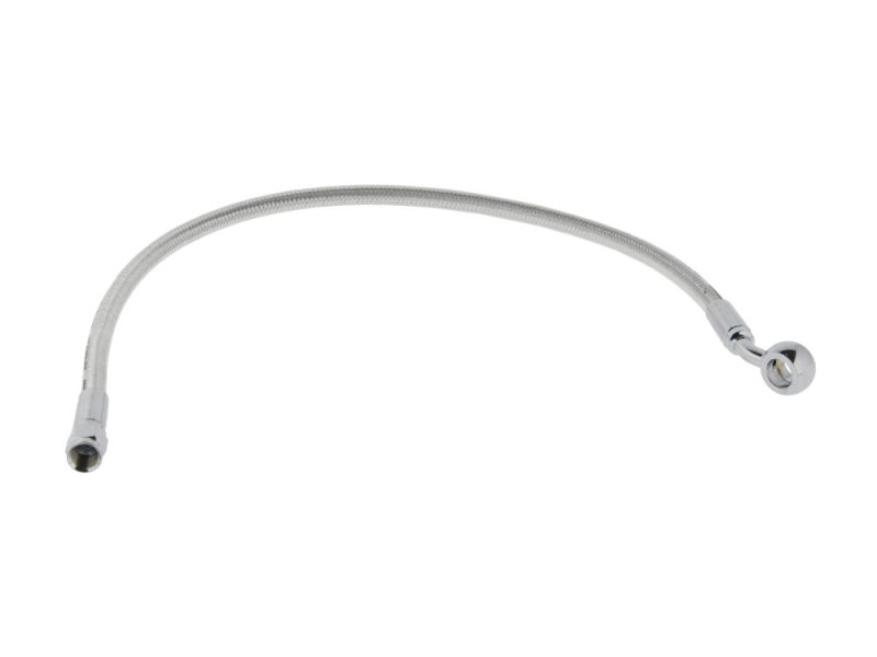 19in. Upper Front Brake Line with 10mm x 35 Degree Banjo & Sterling Chromite Finish. Flexible silver motorcycle fuel line hose with fittings for Revelry Motorcycles.
