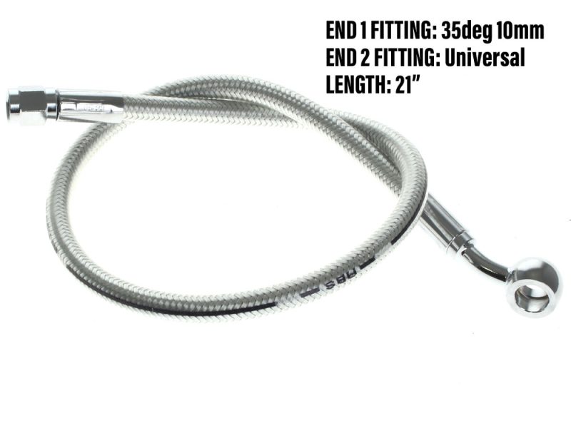 Flexible stainless steel motorcycle brake hose with universal fittings and 21-inch length.