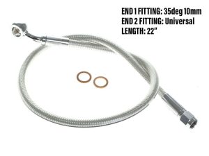 Flexible stainless steel motorcycle fuel line hose with universal fittings, 22" length.