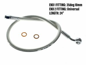 Flexible motorcycle brake or clutch hose with end fittings, suitable for custom bikes.