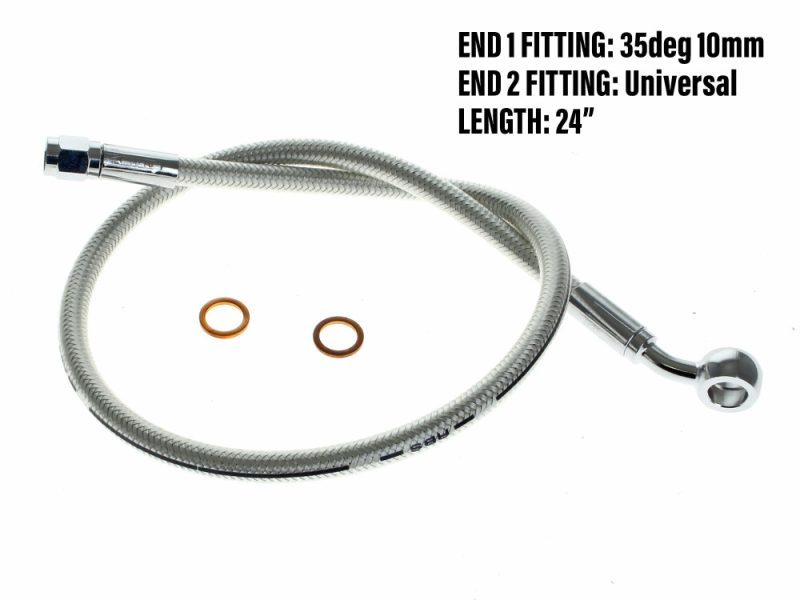 Flexible motorcycle brake or clutch hose with end fittings, suitable for custom bikes.