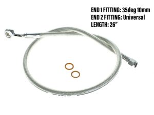 Flexible stainless steel motorcycle fuel hose with fittings and O-rings for Revelry Motorcycles.