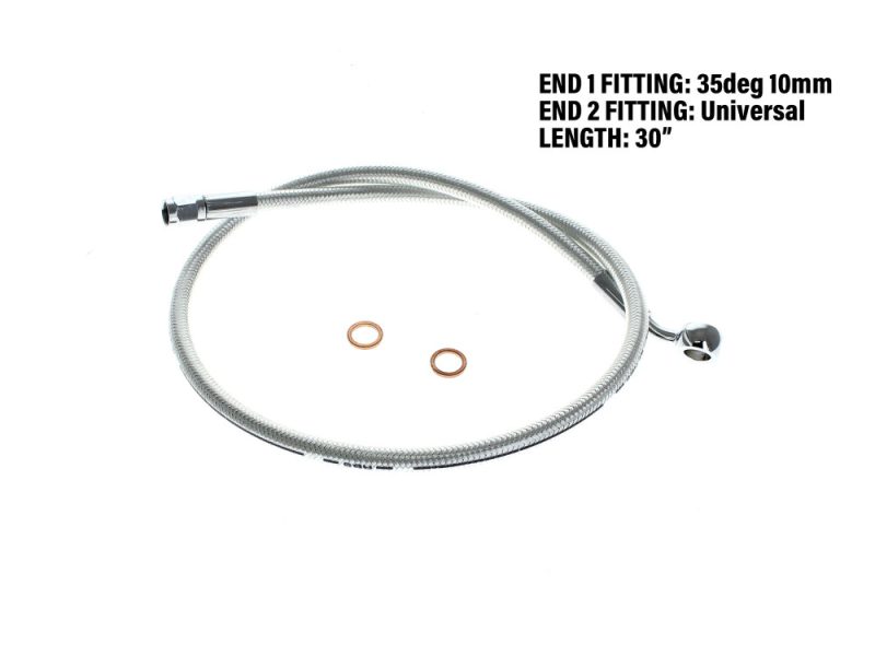 30in. Upper Front Brake Line with 10mm x 35 Degree Banjo - Sterling Chromite. Flexible motorcycle brake hose with fittings, suitable for Revelry Motorcycles.