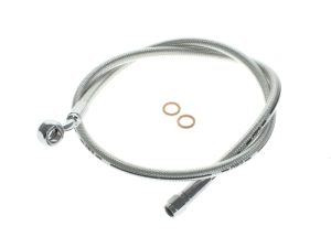 Flexible motorcycle braided hose with fittings and O-rings for bike customisation.
