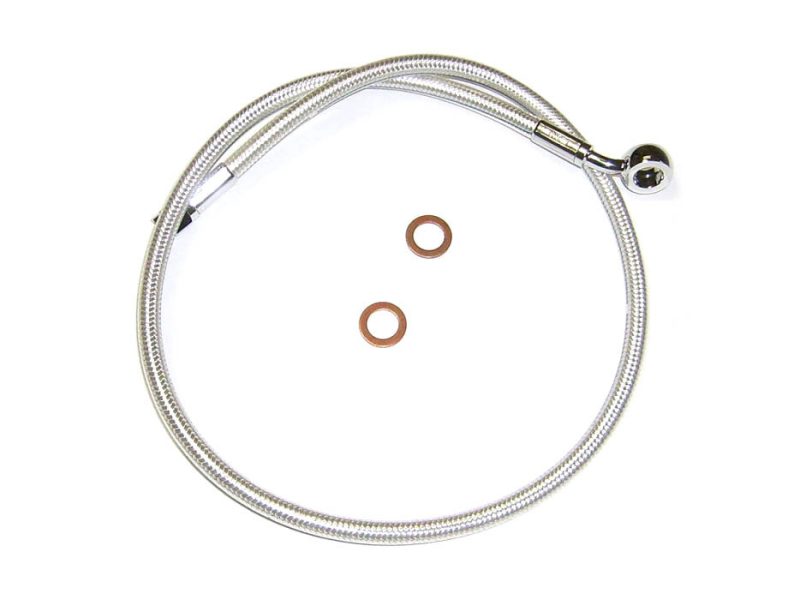 22in. Upper Front Brake Line with 10mm x 180 Degree Banjo - Sterling Chromite. Flexible motorcycle throttle cable with copper washers for custom bikes.
