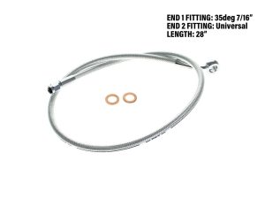 Flexible metal motorcycle brake line with copper washers for REVELRY Motorcycles.