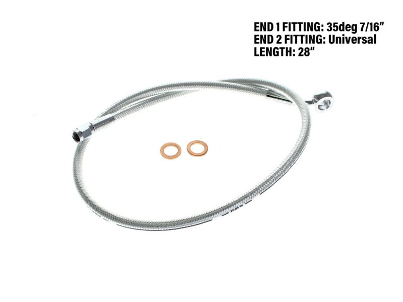 28in. Upper Front Brake Line with 7/16in. x 35 Degree Banjo - Sterling Chromite. Flexible metal motorcycle brake line with copper washers for REVELRY Motorcycles.
