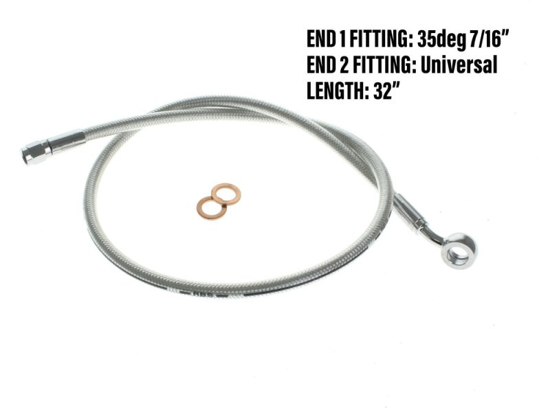 32in. Upper Front Brake Line with 7/16in. x 35 Degree Banjo - Sterling Chromite. Flexible motorcycle brake hose with universal fittings and 32-inch length, ideal for Revelry Motorcycles.