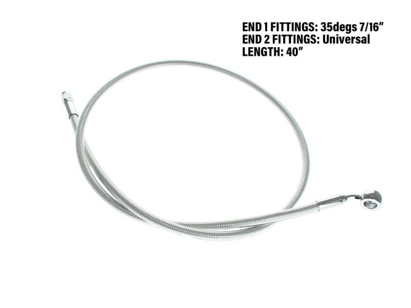 40in. Upper Front Brake Line with 7/16in. x 35 Degree Banjo - Sterling Chromite. Flexible stainless steel brake line for motorcycle, 40-inch length, universal fitting.