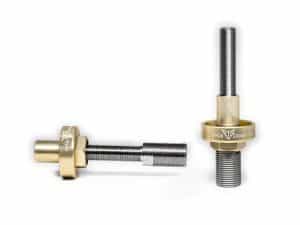 Threaded motorcycle axle adjusters for Revelry Motorcycles, gold and silver finish, upgrade bike suspension.
