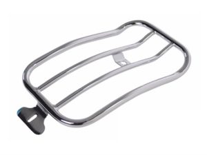 Chrome motorcycle luggage rack for custom touring bikes.