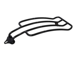 Heavy-duty black motorcycle luggage rack for Harley Davidson bikes.