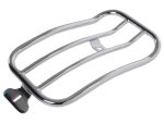 Chrome motorcycle rear luggage rack for Revelry Motorcycles, durable and stylish.