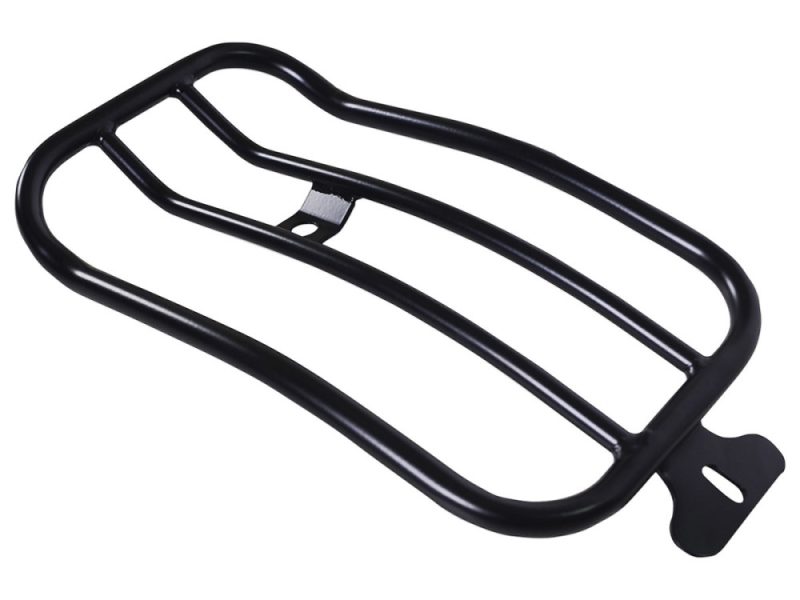 Heavy-duty black motorcycle rear luggage rack for Revelry Motorcycles, durable aftermarket accessories.