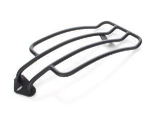 Heavy-duty black motorcycle luggage rack, durable metal design for motorbikes.