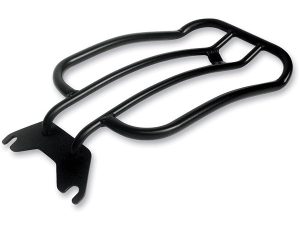 High-quality black rear luggage rack for motorcycles from Revelry Cycles, durable and easy to install.