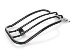 Heavy-duty black motorcycle luggage rack for Revelry Motorcycles, durable steel construction.