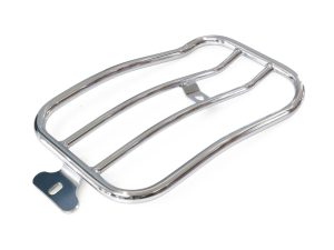 Chrome motorcycle luggage rack for Harley Davidson touring bikes.