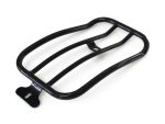 Black motorcycle luggage rack for Revelry Motorcycles, heavy-duty and durable alloy carrier.