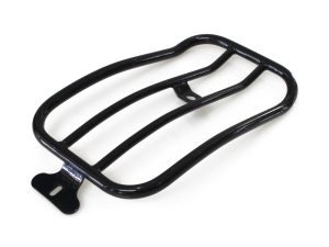 Black motorcycle luggage rack for Revelry Motorcycles, heavy-duty and durable alloy carrier.