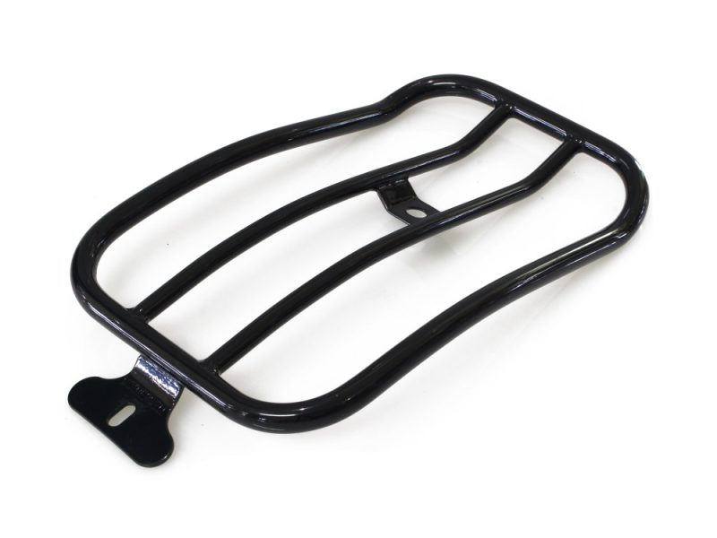 Black motorcycle luggage rack for Revelry Motorcycles, heavy-duty and durable alloy carrier.