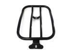Black motorcycle luggage rack for Revelry Motorcycles, durable and secure.