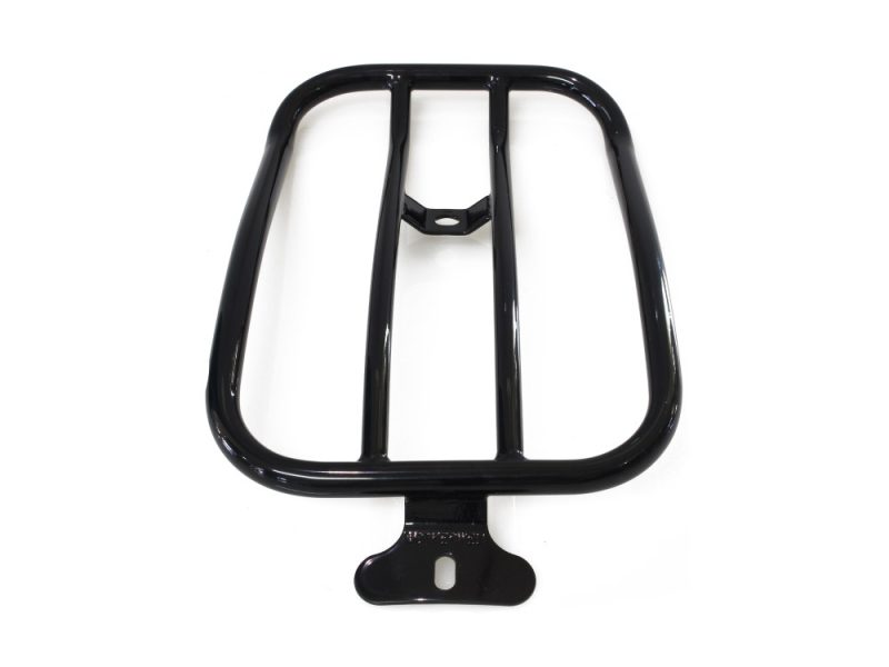 Black motorcycle luggage rack for Revelry Motorcycles, durable and secure.