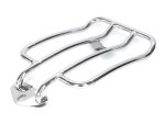 Polished chrome motorcycle luggage rack for touring bikes.
