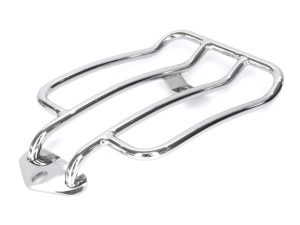 Polished chrome motorcycle luggage rack for touring bikes.