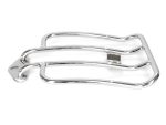 Shiny chrome motorcycle luggage rack for Harley Davidson bikes and custom motorcycles.