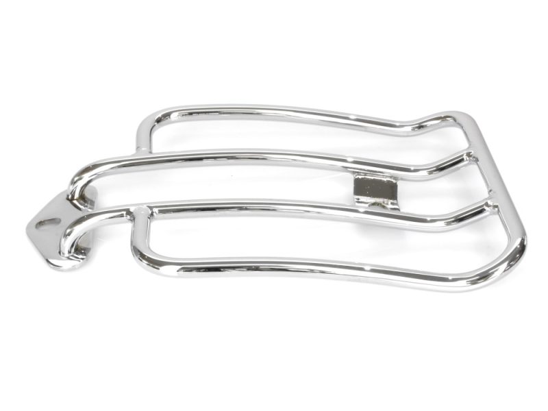 Shiny chrome motorcycle luggage rack for Harley Davidson bikes and custom motorcycles.