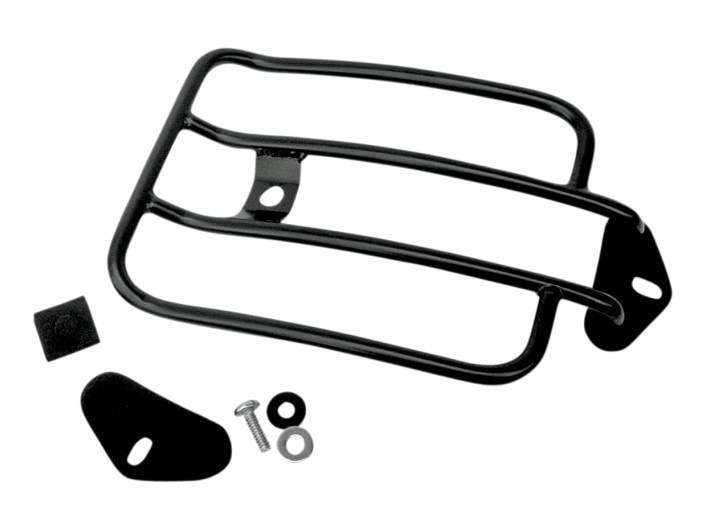 Solo Seat Luggage Rack - Matte Black. Fits Sportster 2004-2021 Black motorcycle bumper guard with mounting hardware for Revelry Motorcycles.