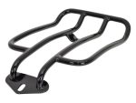 Black motorcycle luggage rack for Revelry Motorcycles, durable and stylish storage solution.