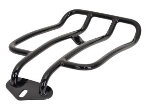 Black motorcycle luggage rack for Revelry Motorcycles, durable and stylish storage solution.