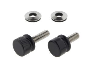Two motorcycle axle adjuster bolts with black end caps and washers for Revelry Cycles bikes.