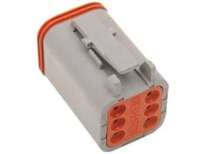 Compact motorcycle electrical connector, grey and orange, Revelry Motorcycles accessories.