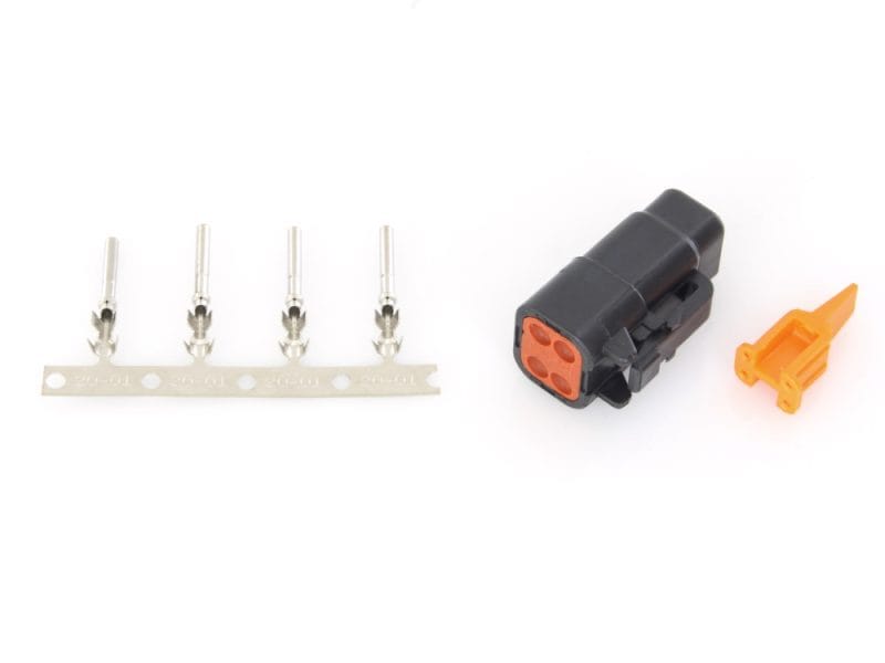 DTM 4-Position Deutsch Plug with (4) Stamped Terminals & Wedgelock - Black. Four motorcycle electrical connectors with metal pins and wiring harness; compatible with Revelry Motorcycles.