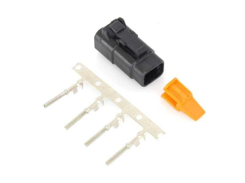 Black motorcycle electrical connector with orange locking tab for Revelry Motorcycles.