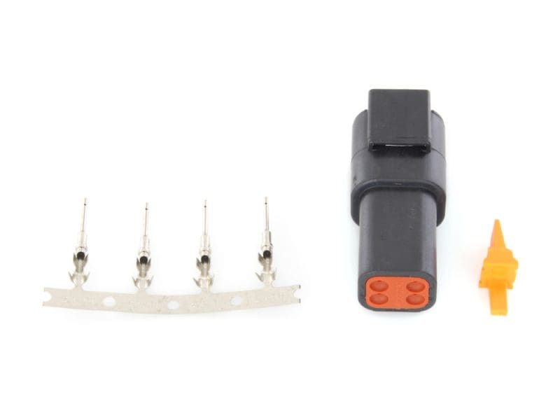 DTM 4-Position Deutsch Recepticle with (4) Stamped Terminals & Wedgelock - Black. High-quality motorcycle electrical connector and repair kit for Revelry Motorcycles.